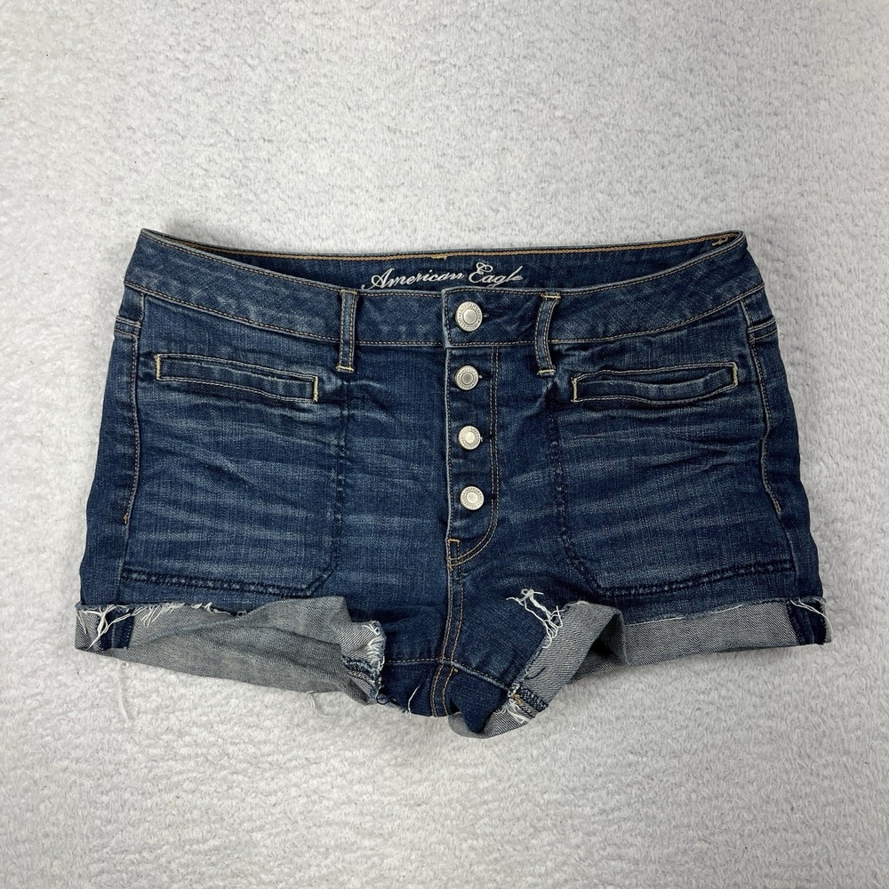 American Eagle Jean Shorts Button Fly Slash Pockets Raw Hem Dark Wash 12 W31.5